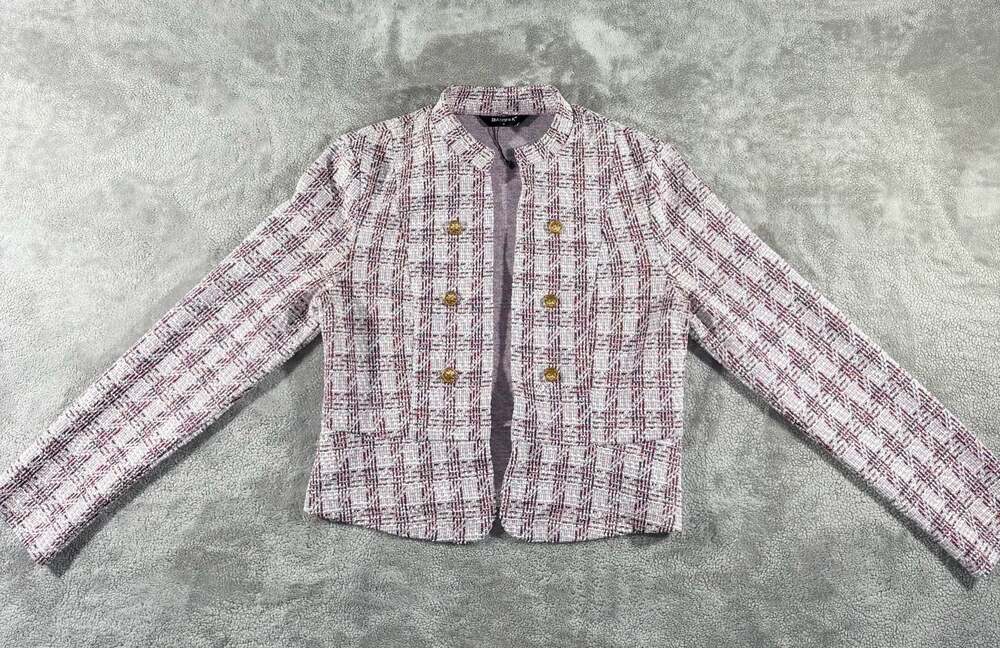 Allegra K Women's Plaid Tweed Jacket with Gold Buttons Size M